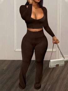 Women's Sexy Casual Short Cropped Fitted Top And Flare Pants Set, Autumn