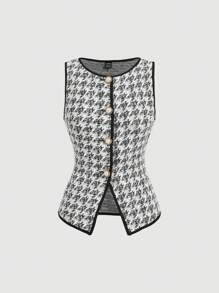 SHEIN MOD 1件女士千鸟格单排扣复古针织上衣 - 黑與白 - 查看 1