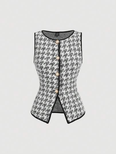 SHEIN MOD 1pc Women Houndstooth Single-Breasted Vintage Knit Top