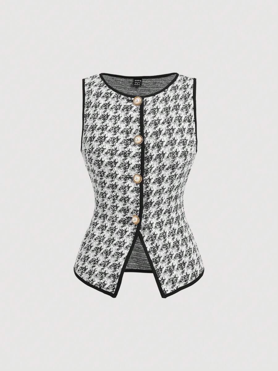 SHEIN MOD 1件女士千鸟格单排扣复古针织上衣 - 黑與白 - 查看 1