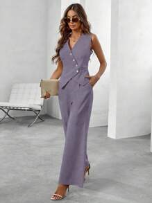 SHEIN Clasi Women Casual Commuting Solid Color Vest & Pants 2 Pieces Suit Set - Purple - View 1