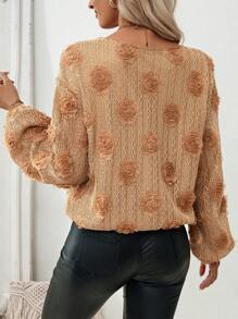 Chiquease Loose Fit V-Neck Lantern Sleeve Elastic Hem Floral Textured Fabric