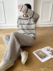 Mulvari Ensemble femme 2 pièces: Top à manches longues col rond imprimé rayures et pantalon couleur unie, ensemble tricoté 2 pièces