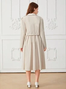 2pcs/Set Teen Girls Elegant Notched Collar Double-Breasted Short Blazer Jacket And Long Skirt Suit - Khaki - View 2