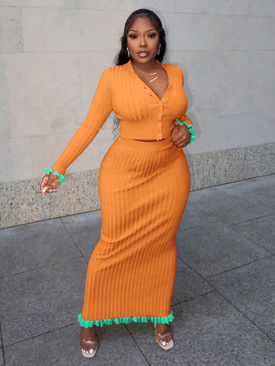 Slaydiva Bộ đồ hai mảnh áo len dệt kim màu hồng hồng, cổ chữ V tay dài hở cổ tay loe nhẹ, dáng ôm vừa vặn, viền xanh lá cây, dành cho nữ - A - trái cam - Xem 1