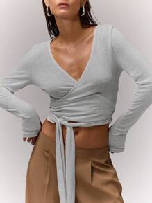 MUSERA V领裹身系带上衣 休闲基础款 夏季 春季 度假 波西米亚风 节日 可爱 夏季上衣 牛仔风 场合 优雅 机场 假日 可爱 复活节 - 灰色 - 查看 4