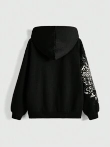 ROMWE Grunge Punk Women Street Cross & Wings Print Rhinestone Embellished Loose Drawstring Zip-Up Hooded Sweatshirt Graduation,Back To School Outfits,Graduation,Teacher Outfits For Women,Back To School - Black - View 3