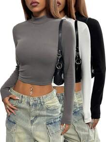 StreetHx 3pcs/Set Solid Color Stand Collar Plush Long Sleeve Base Layer Tee (Random Cut) For Women - Multicolor - View 8