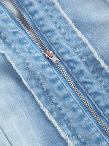 SHEIN MOD 女士时尚休闲破洞拉链牛仔夹克，秋季 - 藍色 - 查看 4