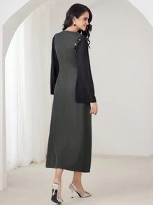 Al Najma Váy dài thanh lịch cho nữ, Maxi Kaftan, Thiết kế thời trang Châu Âu và Mỹ, Phù hợp cho mùa thu/đông, Váy dài tay chữ A giản dị thanh lịch Kaftan & Jalabiya theo phong cách Ả Rập, Dành cho thường ngày - Xám - Xem 2