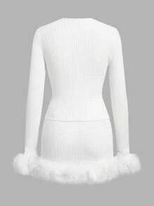 SHEIN EZwear 女士秋冬圣诞两件套女士白色针织毛皮拼布休闲优雅修身毛衣和迷你裙套装 - 白色 - 查看 2