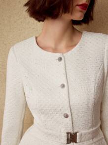 MOTF PREMIUM 粗花呢纯色系腰带喇叭下摆二合一中长连衣裙女装 - 杏色 - 查看 3