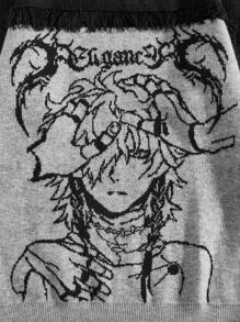 ROMWE MEN Men's Dropped Shoulder Long Sleeve Round Neck Anime Character Tasseled Graphic Pullover Sweater, Autumn/Winter - Grey - View 4