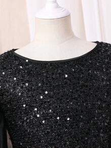 SHEIN Elladie kids Tween Girls 优雅亮片薄纱长袖连衣裙，适合秋季、春季和冬季通勤和聚会，黑色连衣裙，派对连衣裙 - 黑色 - 查看 3