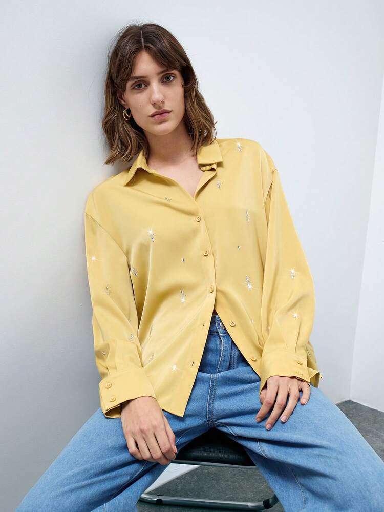 SHEIN Maija 1pc Women's Yellow Rhinestones Satin Elegant Crystal Decorated Front Button Long Sleeve Shirt, Suitable For Party And Gathering, Fall/Winter