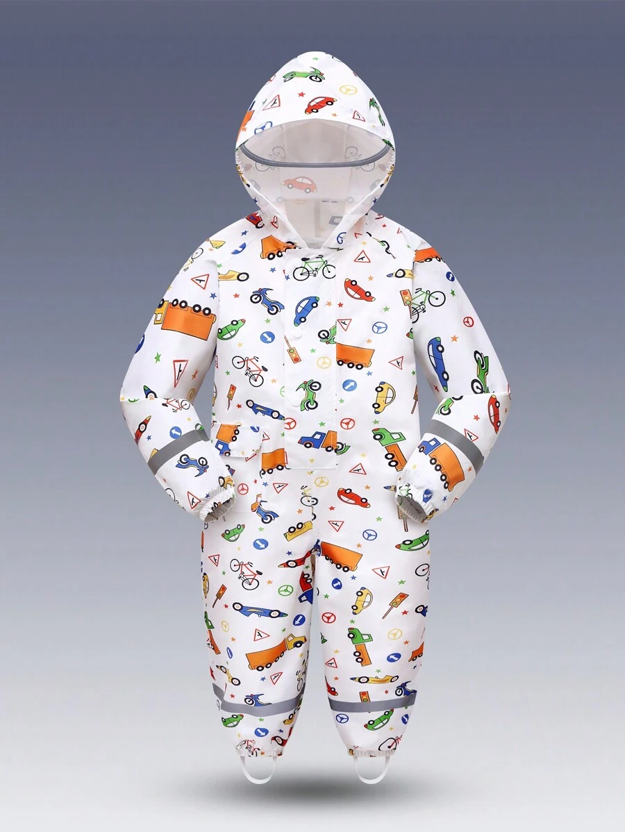 Toddler Boys' Minimalist Fashion Full Print Car Graphic Long Sleeve Hooded Jumpsuit Raincoat