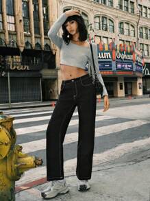 SHEIN EZwear 女士休闲梭织直筒裤，黑色 - 黑色 - 查看 5