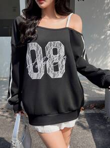 INAWLY Sudadera holgada de punto con cuello asimétrico, encaje bordado, suelta para fiestas de otoño/invierno
