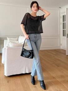 DAZY Women Loose Fit Sheer Round Neck Short Blouse Top Going Out Tops - Black - View 8