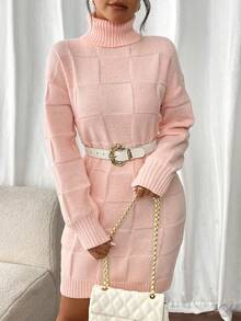 Chiquease 高领块状图案女式长袖休闲毛衣连衣裙 - 粉色 - 查看 3