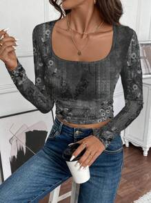 SHEIN LUNE 秋冬新款花卉印花修身方领长袖T恤，休闲时尚机场女装 - 深灰色 - 查看 7