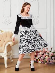 优雅新款活力复古修身撞色荷叶边喇叭袖天鹅绒撞色花卉中长袖连衣裙，适合少女