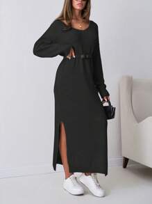 SHEIN Tall Ff Shoulder Asymmetrical Hem Bodycon Midi Sweater Dress - Black - View 4