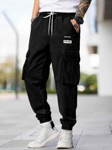 Manfinity Homme Loose Fit Men Letter Patched Flap Pocket Cargo Jeans - Black - View 5