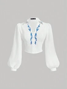 SHEIN MOD 大码复古刺绣灯笼袖长袖衬衫