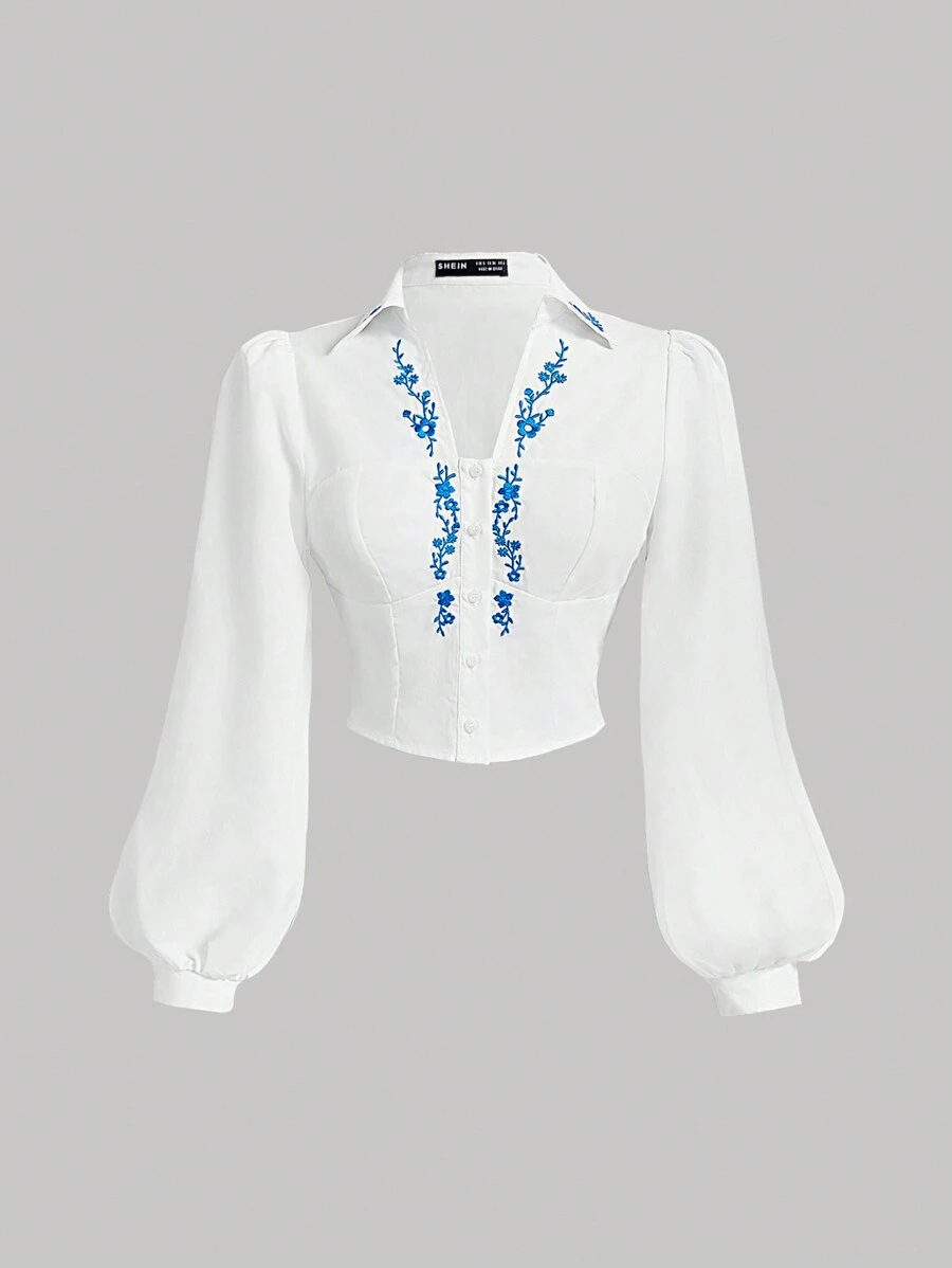 SHEIN MOD 大码复古刺绣灯笼袖长袖衬衫