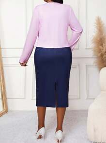 Fleurora Plus Size Women Spring/Autumn Long Sleeve Open Front Jacket And Floral Print Bodycon Midi Dress Elegant 2 Pieces Set - Multicolor - View 2