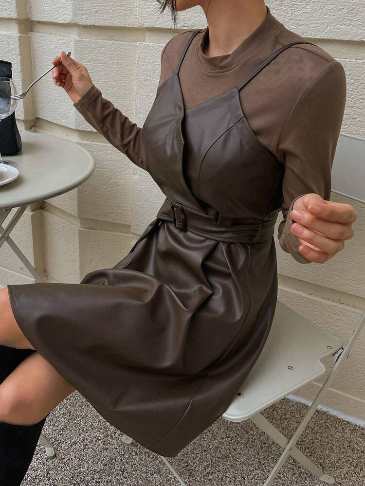 Women Stand Collar Patchwork Long Sleeve Tie Waist Mid-Length Dress,Fall Dress