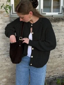 INAWLY 1 件女士休闲宽松单排扣长袖开衫，适合秋冬季 - 黑色 - 查看 4