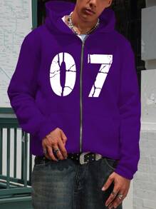Manfinity Campus Court Aesthetic Post--Men's Casual Numeric Print Front Zipper Long Sleeve Hoodie - Purple - View 3