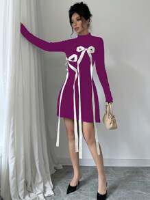 Elenzga Women's Elegant Bow Decor Waist Cinch Sweater Dress Fall Cloth For Women - Violet Purple - View 4