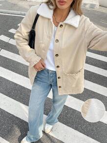 SHEIN Frenchy Damen Jacke mit flauschigem Kragen, zweifarbig, aus Cord mit gerüschtem Saum, beheizt, thermisch, flauschig, pelzig, Damenkostüme, Herbst, Pendeln, minimalistisch, Büro, Old Money, Thanksgiving, Knopf, Retro, elegante Damen, Festivalkleidung, Business Lässig Damen