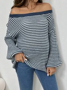 SHEIN 孕妇条纹露肩落肩长袖休闲毛衣，秋冬季，适合孕妇 - 藍色 - 查看 1