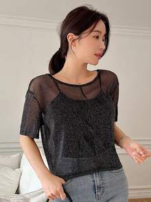 DAZY Women Loose Fit Sheer Round Neck Short Blouse Top Going Out Tops - Black - View 6