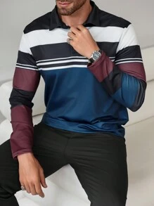 Manfinity Homme 秋季男士休闲撞色条纹 Polo 衫 - 彩色 - 查看 1