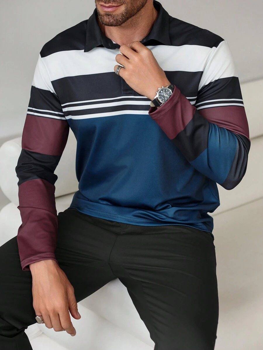 Manfinity Homme 秋季男士休闲撞色条纹 Polo 衫 - 彩色 - 查看 1