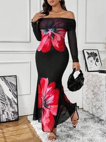 Flirla Đầm dài tay trễ vai in hoa đơn giản cỡ lớn - màu đen - Xem 6