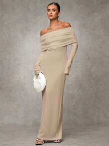 SHEIN BAE Women Elegant White Off-Shoulder Fitted Long Fall Dress,Elegant Women Dresses,Fall Wedding Guest Dress - Apricot - View 4