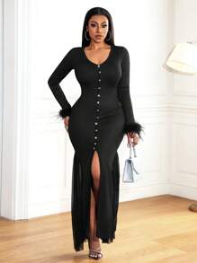 Zolique Women Elegant Patchwork Feather Cuff Split Hem Dress, Autumn Fall Cloth For Women - Black - View 1