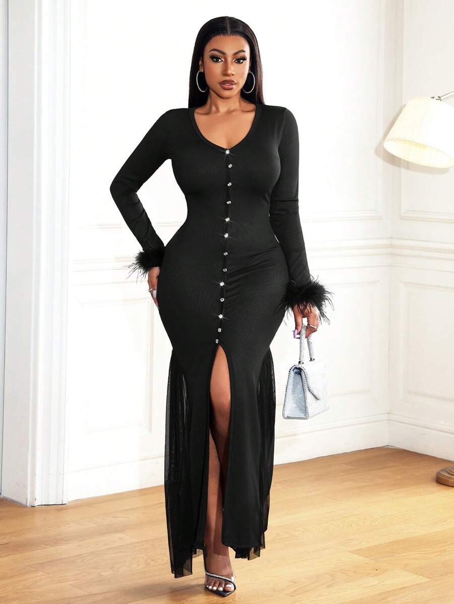 Zolique Women Elegant Patchwork Feather Cuff Split Hem Dress, Autumn Fall Cloth For Women - Black - View 1