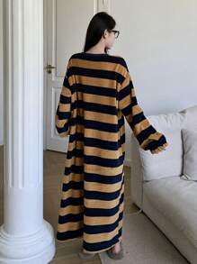 DAZY Thick Striped Flannel Nightgown With Cute Cartoon Pattern, Loose Fit For Winter Pajama,Thermal Lined - Coffee Brown - View 2