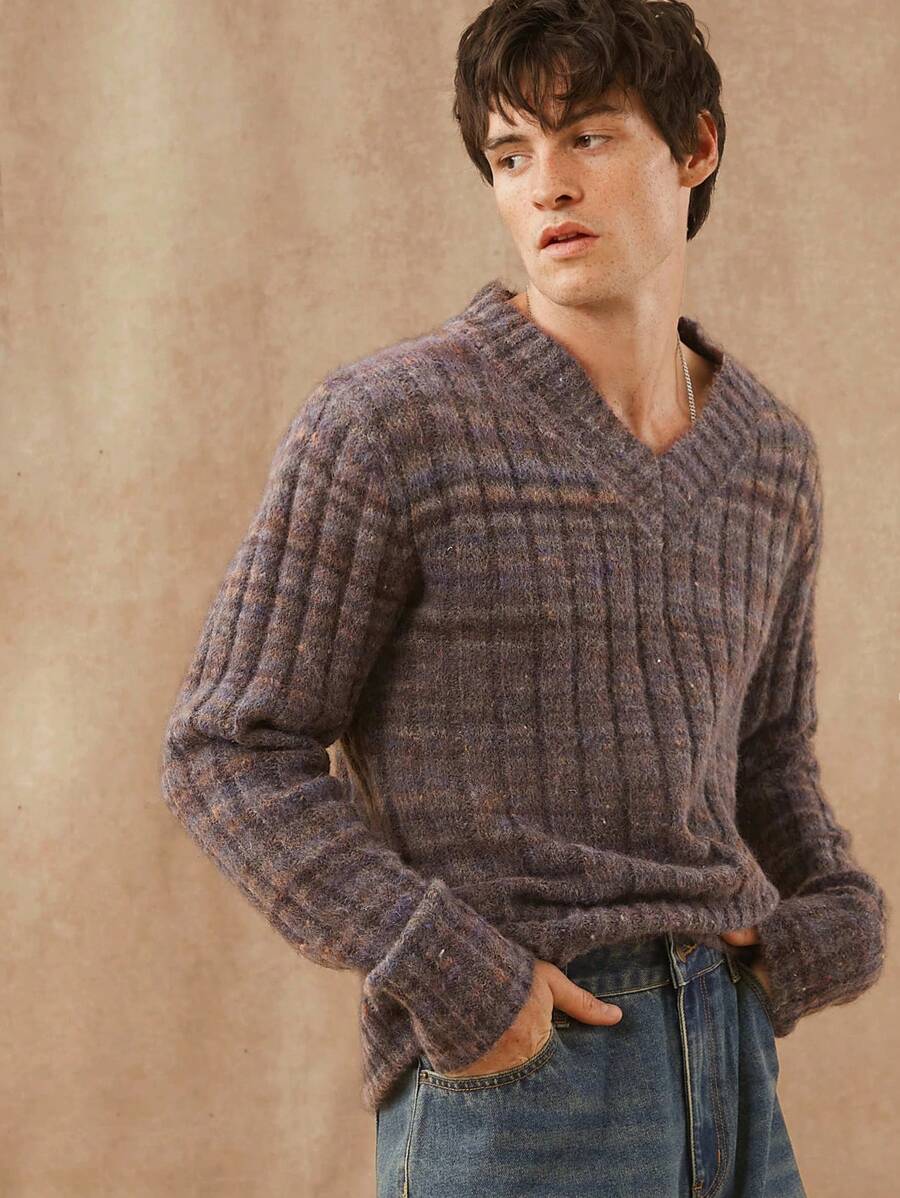 Men Patterned V Neck Sweater - Multicolor - View 1