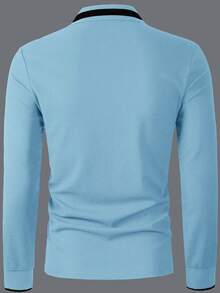 Manfinity Homme 男式纯色拼接前扣长袖休闲 Polo 衫 - 淺藍色 - 查看 2