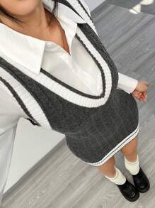 Muchica Váy len dệt kim không tay cổ chữ V màu trơn đơn giản dành cho nữ - Xám - Xem 3