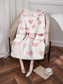 SHEIN CURVE+ Heart Pattern Shawl Collar Belted Robe,Flannels,Curve Plus,Winter - White - View 2