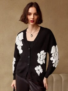 MOTF PREMIUM FLORAL PATTERN DROP SHOULDER OVERSIZE CARDIGAN - Black and White - View 4